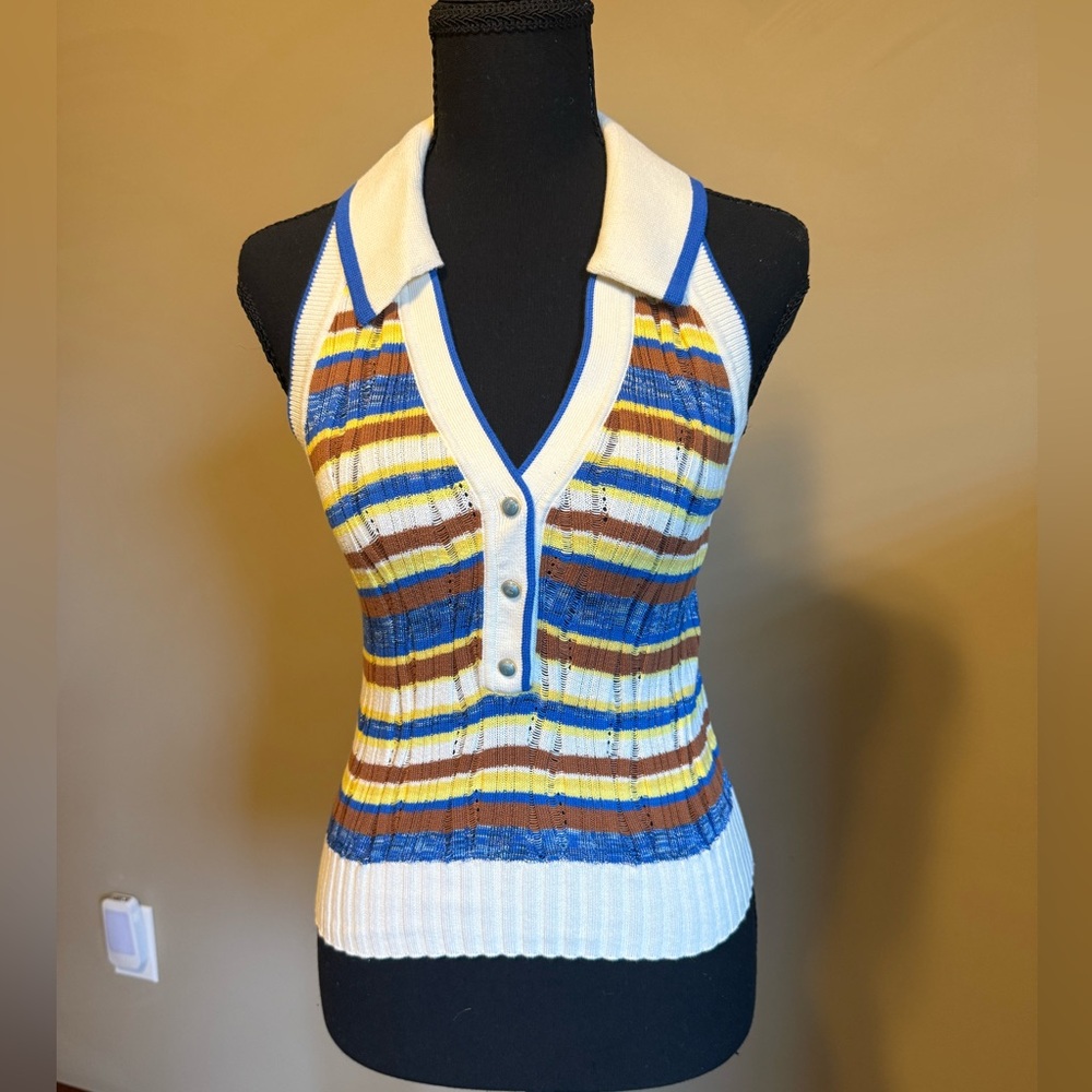 Veronica Beard Halter Knit Top S Striped Button Front Sleeveless Sweater Tank